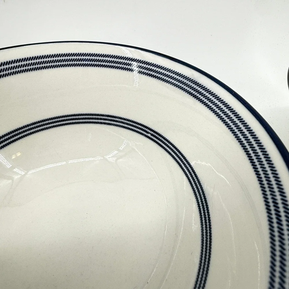 Cereal Bowls Set of 2 White Navy Blue Striped Nautical Coastal Style Tall Soup